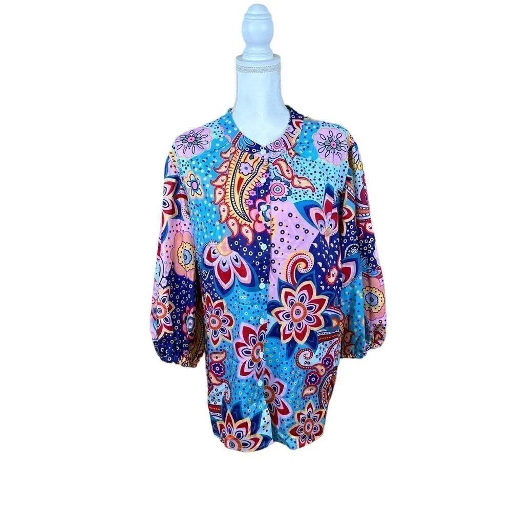 NWT Noracora Paisley Colorful Elbow Length Front Button Blouse Women’s Size XXL